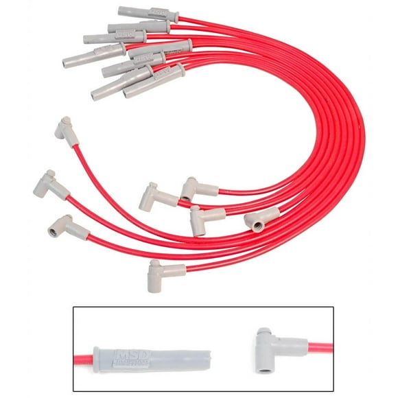 MSD Ignition Spark Plug Wire Set 35379 Super Conductor; Pre Assembled; Red; 8-1/2 Millimeter; Silicone and Synthetic; Straight Spark Plug Boots; 90 Degree Distributor Boots With HEI Style Terminals