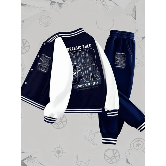 Dino Rule Tracksuit Varsity Jacket set funny boy black long sleeve Cozy Varsity Jacket & Joggers Set with Letter Print Stylish and Comfortable plain cartoon name Christmas 3 to 10 years