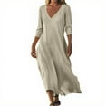 thumbnail image 2 of ClodeEU Women's Three-Quarter Sleeve Linen Blend Maxi Dress,V Neck Long Cover Up Beach Shirt Dress Beige,Womens Plus XXL, 2 of 6