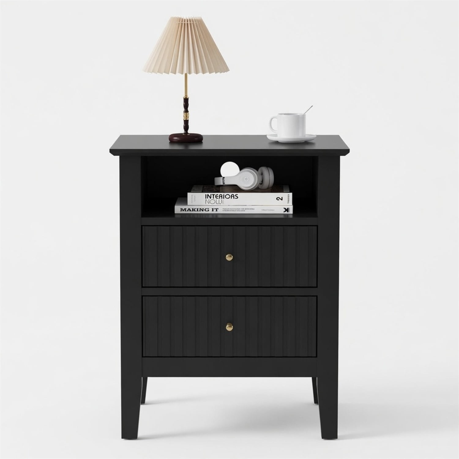 Hommoo 18" Wooden Fluted Nightstand Set of 2, with 2 Drawers & Open Shelf, Modern Bedroom Sofa Side Table, Black