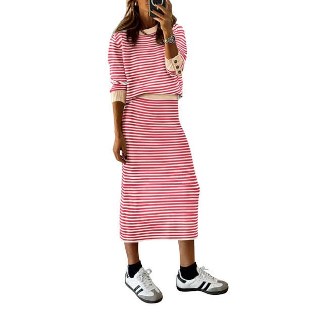 Conjunto Coordinado para Mujer PRETTYGARDEN Suéter y Falda a Rayas Talla L