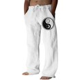 thumbnail image 1 of Pantalones casuales de lino para hombre, estampado de mariposas y pájaros, talla grande, sueltos, ligeros, elásticos, con cordón, para exteriores, playa, yoga 016-blanco G 016-blanco G Xishao ropa, 1 of 2