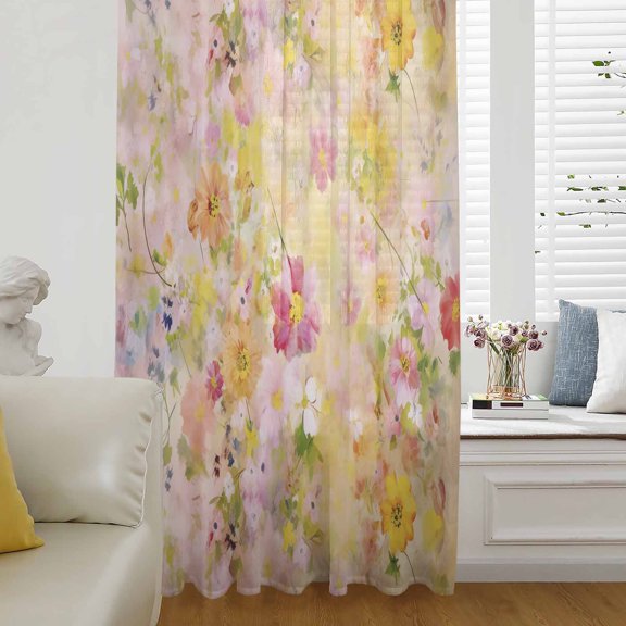 Spring Floral Semi Sheer Curtains Drapes for Living Room,Bedroom,French Doors Window 54 Inches Long,Watercolor Elegant Summer Flowers Botanical Rod Pocket Chiffon Curtain Drapery Voile Drape Panel