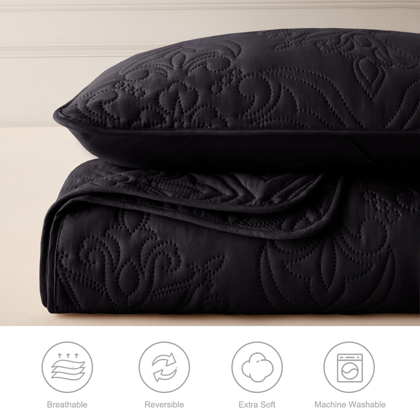 Whale Flotilla Soft Twin Quilt Bedding Set for All Seasons, Elegant Vintage Damask Ultrasonic Quilts Set, Lightweight Reversible Bedspread, Coverlet, Bed Cover with 1 Pillow Sham, Black