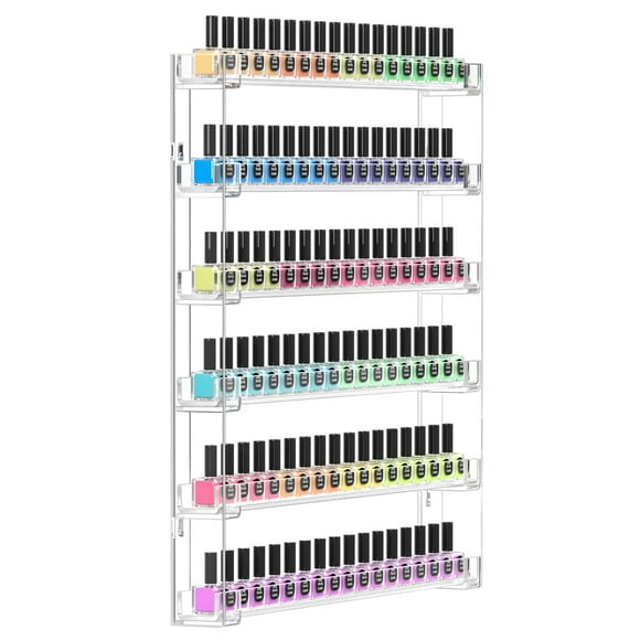 FEMELI Estante de pared para esmalte de uñas de 21 * 21 pulgadas Fácil de instalar Organizador de soporte de exhibición de esmalte de uñas de acrílico transparente 6 niveles con capacidad para 90-120