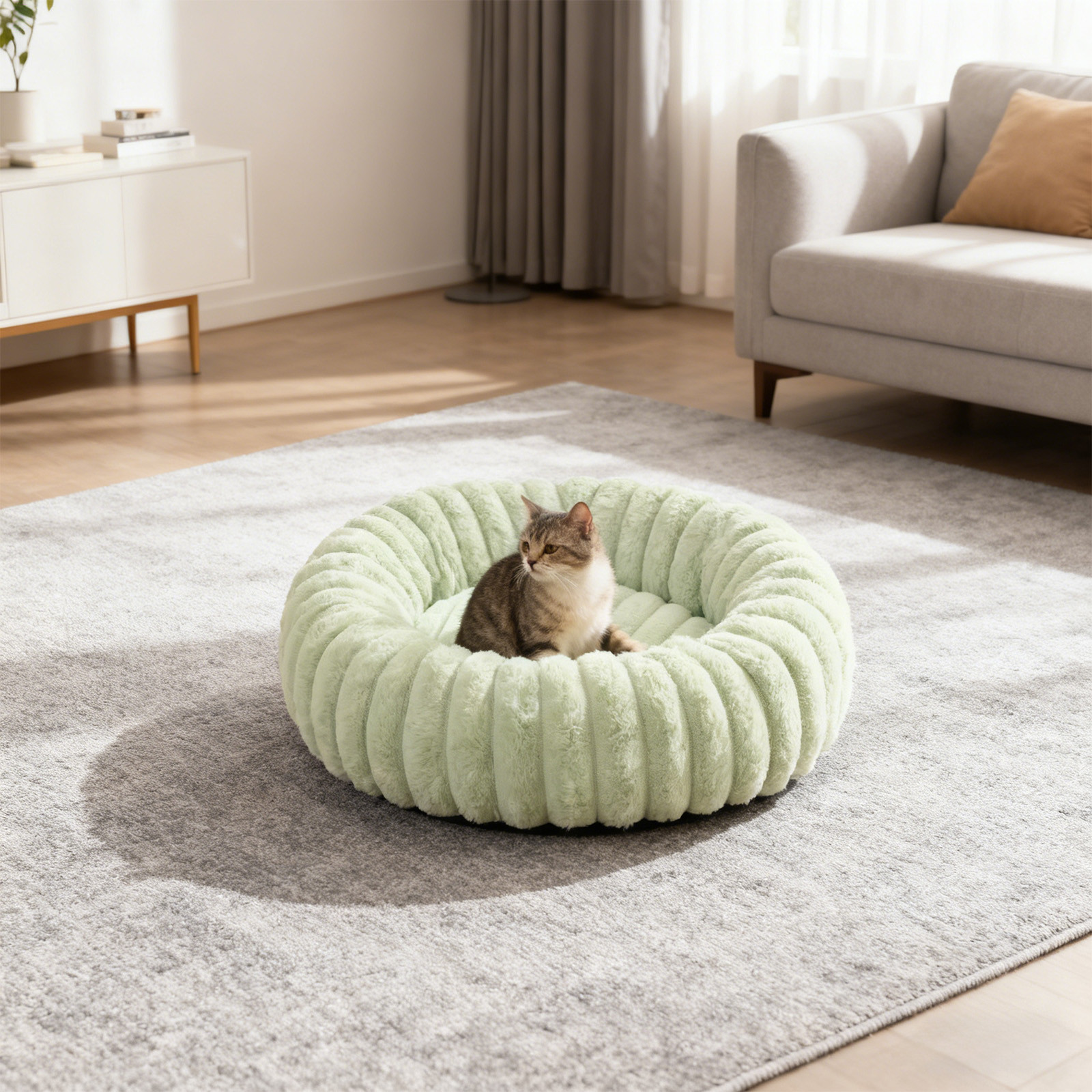 Uutvery 60cm Rabbit Plush Pet Bed, Extra Large Warm Cat Bed for Medium Dogs, Enclosed Plush Pet Kennel with Supportive Filling, 23.62x23.62 Inch