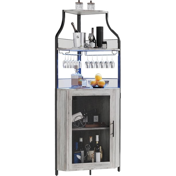 Industrial 5 niveles de esquina bar gabinete con glass holder - estilo rural liquor gabinete con estante y door para home bars y coffee bars