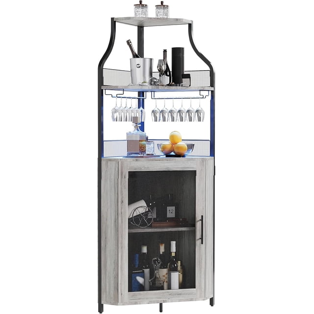 Industrial 5 niveles de esquina bar gabinete con glass holder - estilo rural liquor gabinete con estante y door para home bars y coffee bars