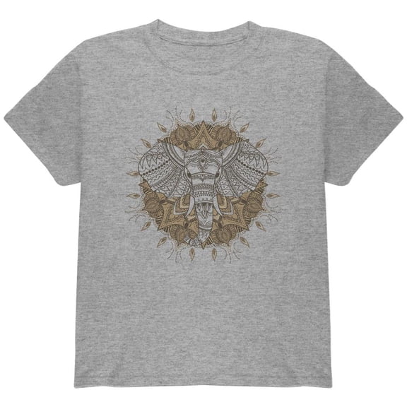 Henna Mandala Elephant Youth T Shirt Heather YLG