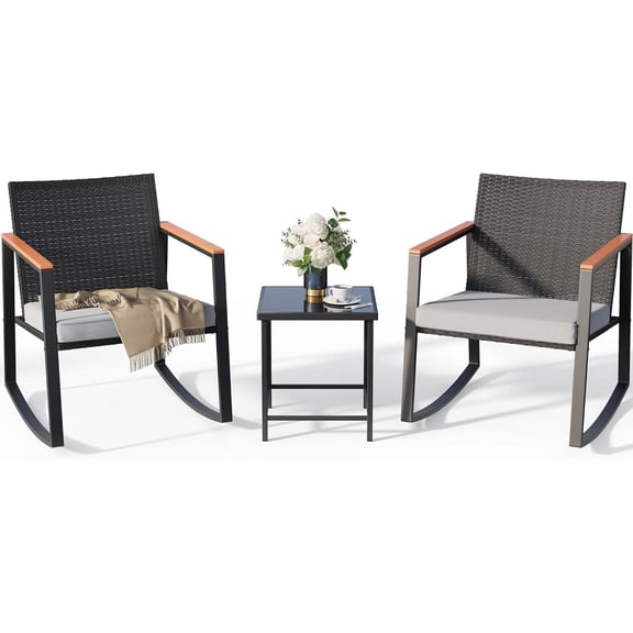 3 Pieces Rocking Patio Bistro Set | with Anti-Scald Armrest, Outdoor Patio Wicker Furniture Set with Glass Table and Cushion for Garden, Yard, Porch