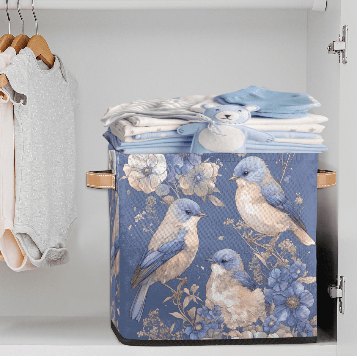 CURLYOOT Spring Birds Flower Cube Storage Bin, 13 x 13 x 13 Storage Cube Bins for Organizing, Fabric Foldable Closet Baskets with Handles for Closet, Shelves, Clothes