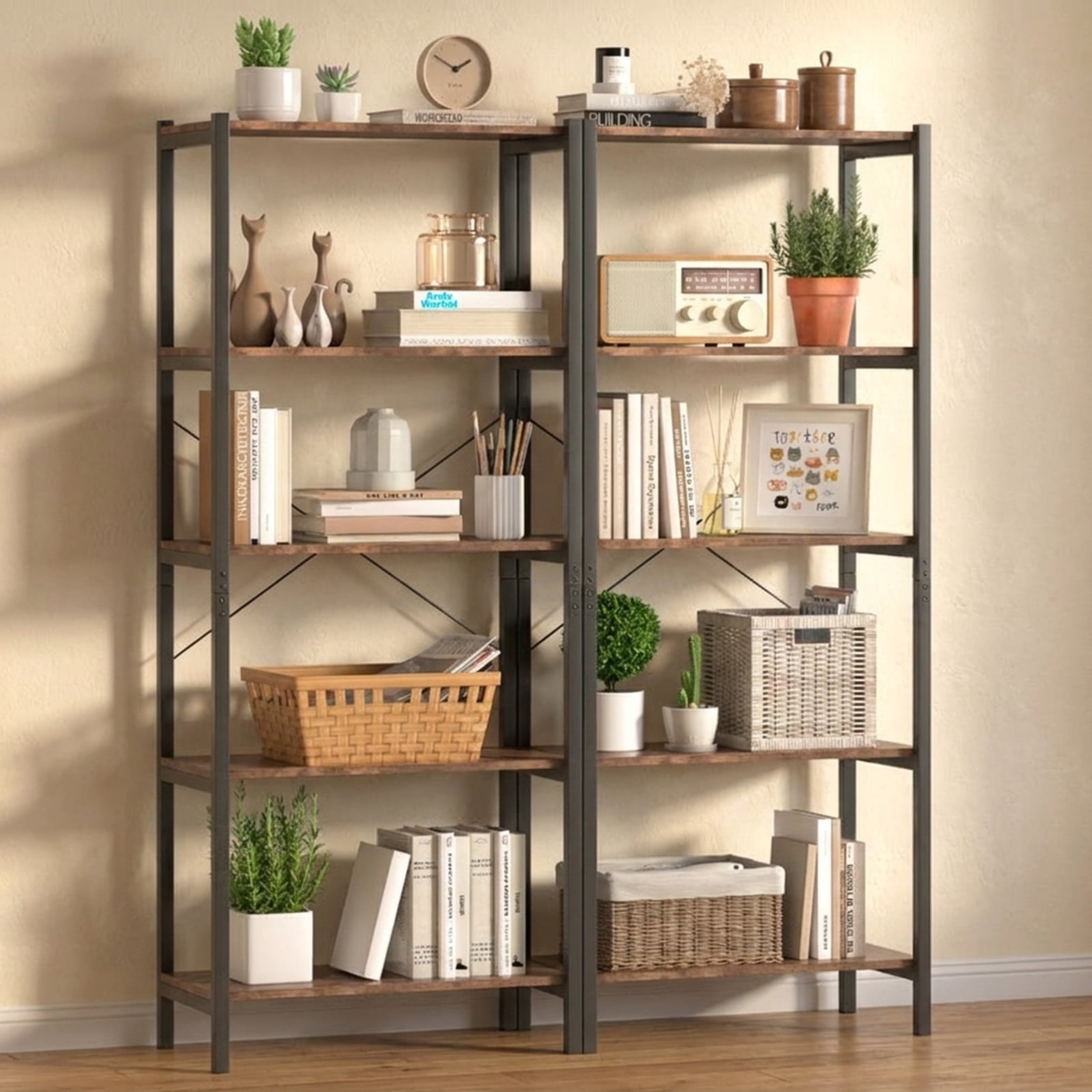 Furnibear Multipurpose Open Bookcase Industrial Rack Wide Standing Storage Shelf for Living Room Home Office Bedroom Display Storage Shelf, Brown