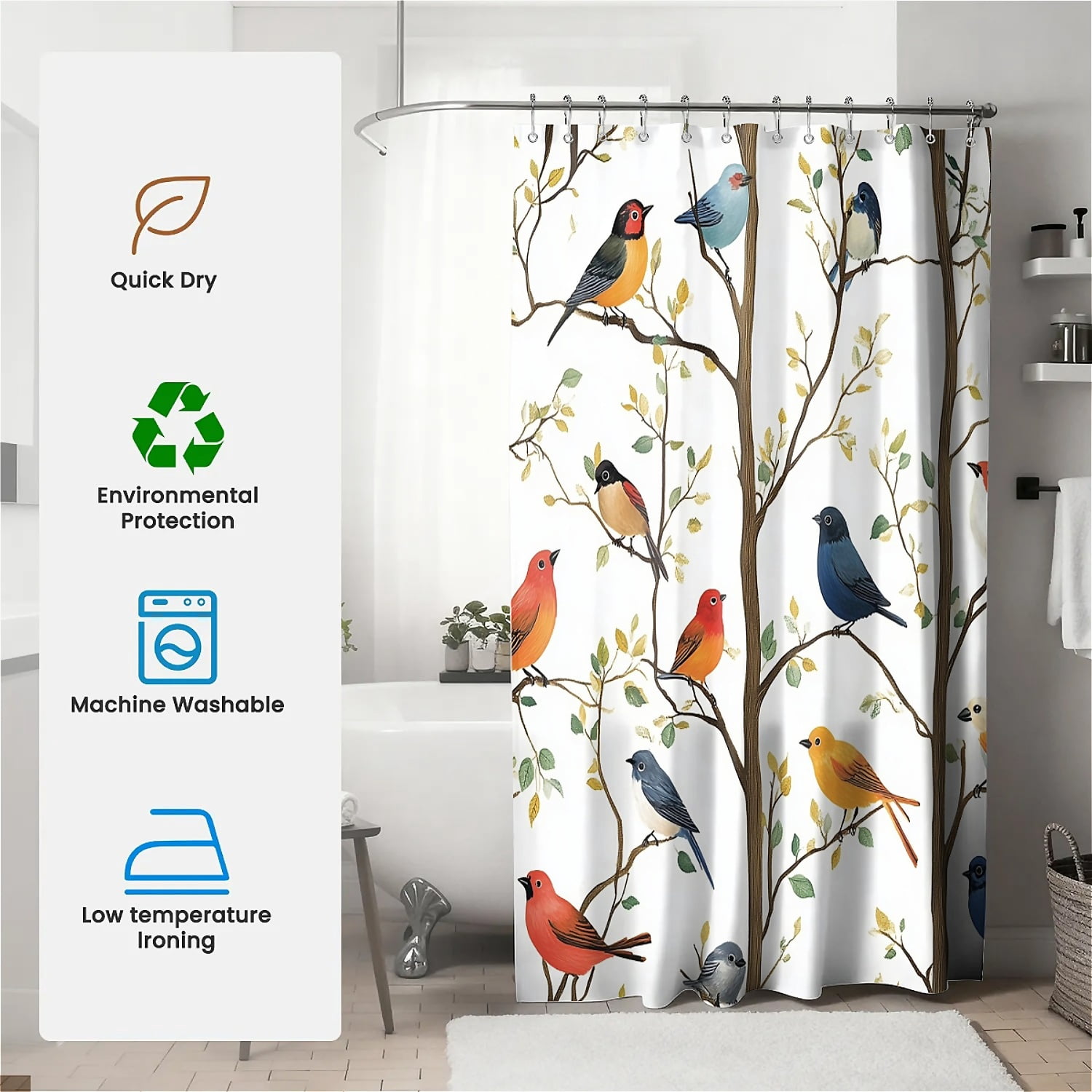 ARTSLION Shower Curtain Navy Blue Geometric Water Repellent Shower Curtain Set, With Hooks，Machine Washable, Modern Decorative Polyester Cloth Shower Curtains For Bathroom,72X78,Birds