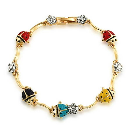 - Colorful Garden Lucky Ladybug Link Charm Bracelet For Women Crystal 14K Gold Plated Brass