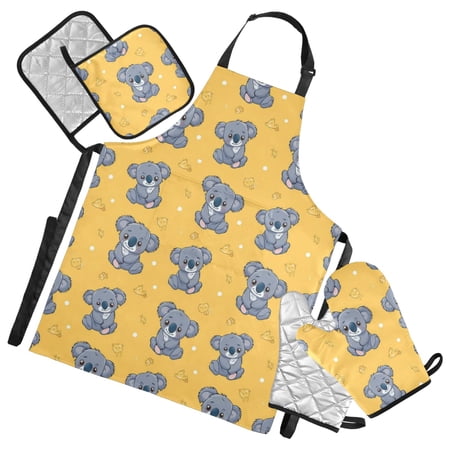 Cartoon Happy Koalas 5 Pcs Kitchen Set Heat Resistant Oven Mitts and Non-Slip Pot Holders with Adjustable Cooking Apron