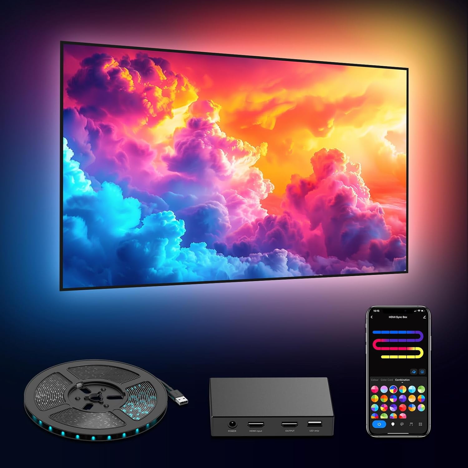 Smart TV LED Backlight with HDMI2.0 4K60Hz Sync Box, LED Strip Lights for 55-65 inch TVs, 13ft RGB&IC TV LED Lights That Change Sync with TV Picture Music Sync App Control Color Changing