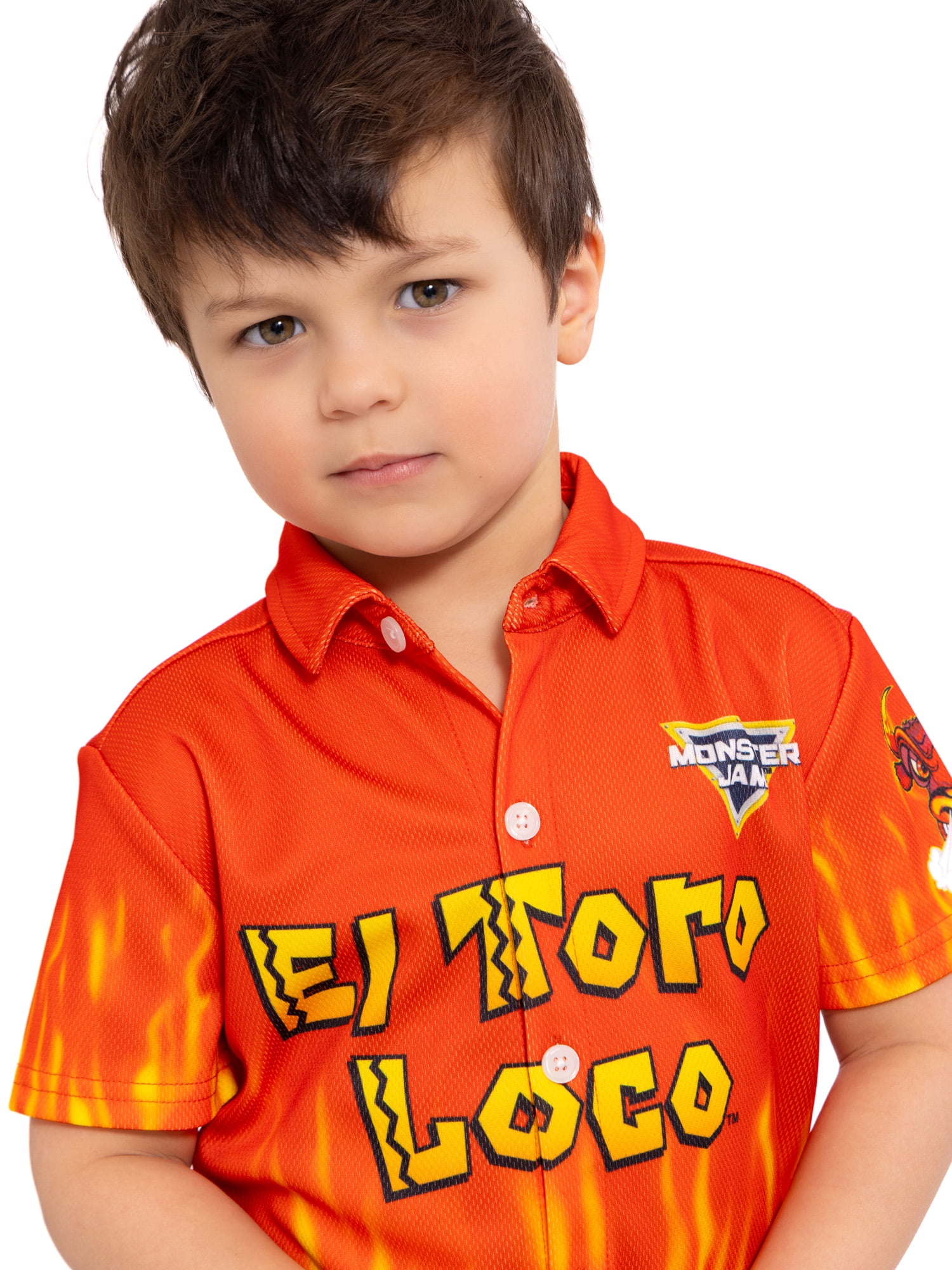 Monster Jam El Toro Loco Toddler Boys Button Shirt with Short Sleeves, Sizes 12M-5T