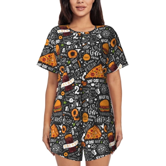 Logiee Fastfood 1 Print Womens Pajamas Set,Short-Sleeve Pajama 2 Piece Sleepwear with Pockets-Small