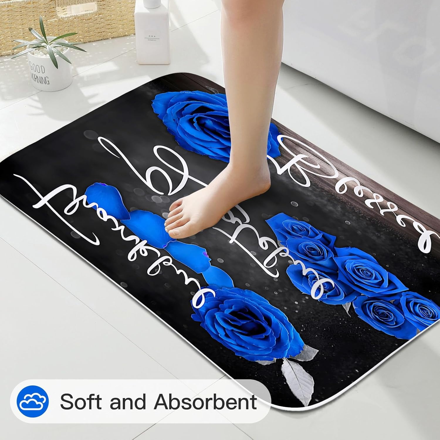4 Pcs Red Rose Shower Curtain Set with Non-Slip Rugs, Toilet Lid Cover and Bath Mat, Thankful Grateful Blessed Romantic Showy Elegant Floral Bathroom Decor Set with Shower Curtain and Rugs