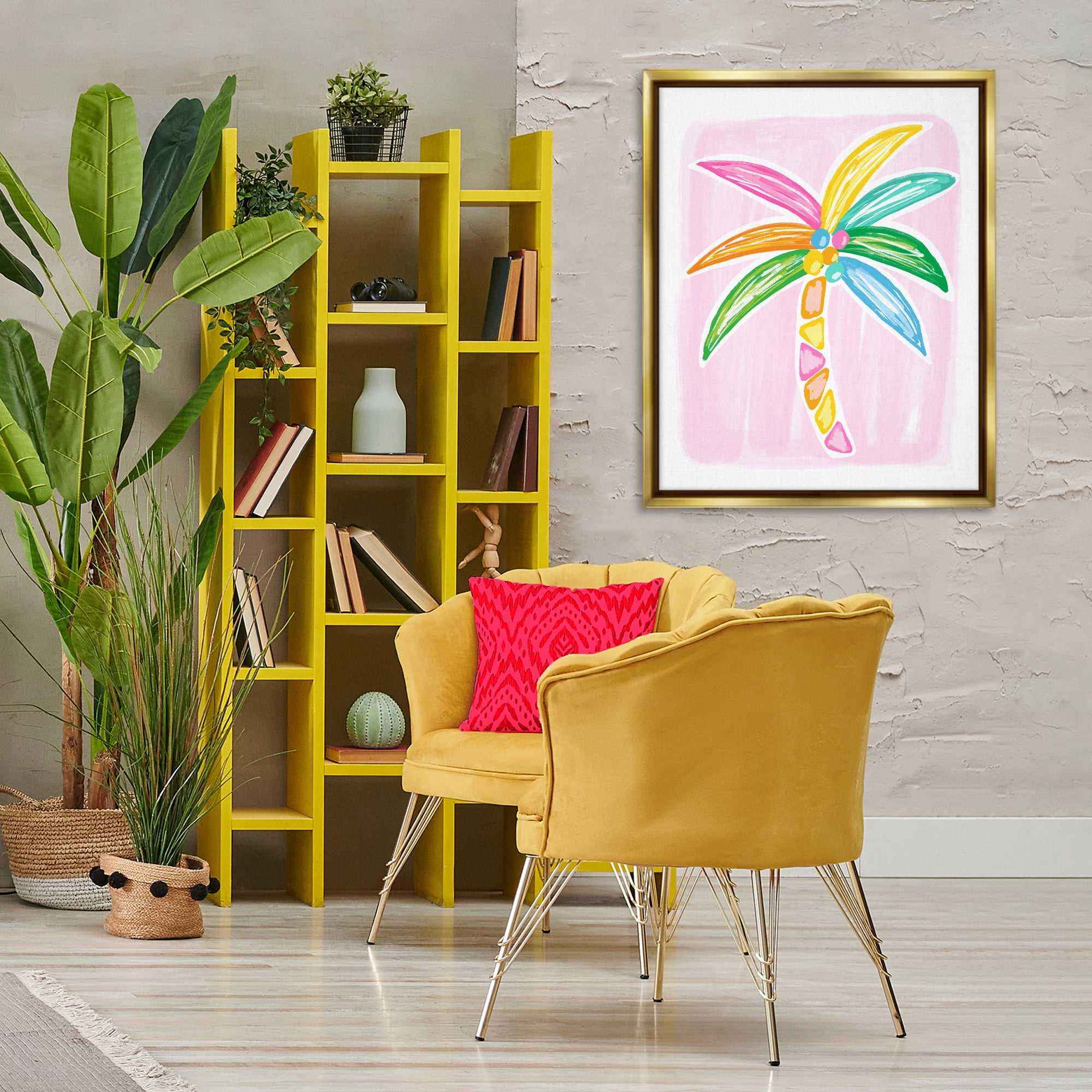 Stupell Industries Pastel Palm on Pink Botanical & Floral Painting Gold Floater Framed Canvas Art Print Wall Art, 25 x 31