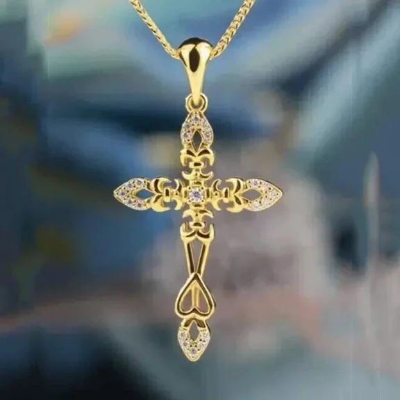 2.10Ct Round Natural Real Moissanite Cross Pendant 14K Yellow Gold Plated Silver