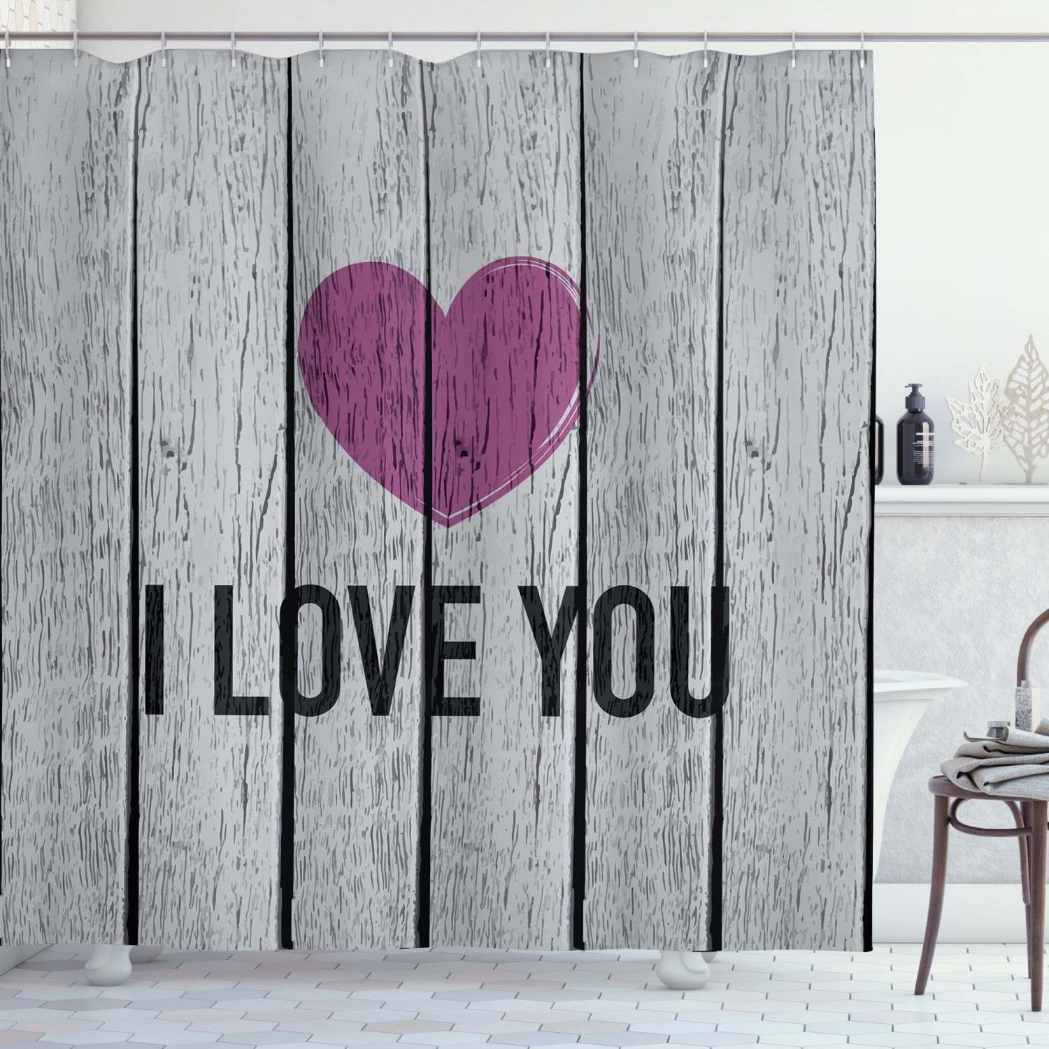 I Love You Shower Curtain, Love You Typography on Wooden Planks Rustic