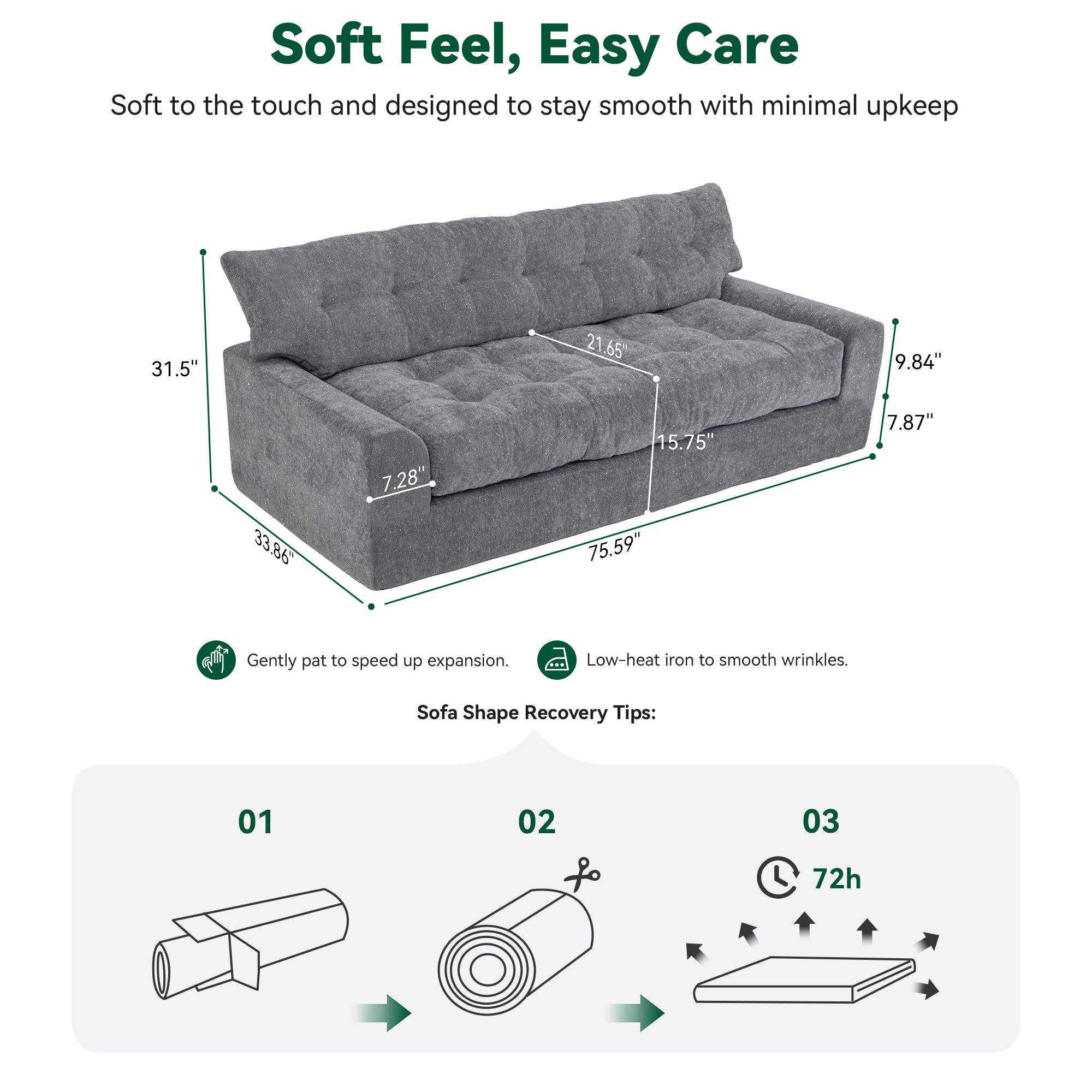 BEHOST 75.6" 3-Seater Sofa with Deep Seats, Dark Gray photo 7
