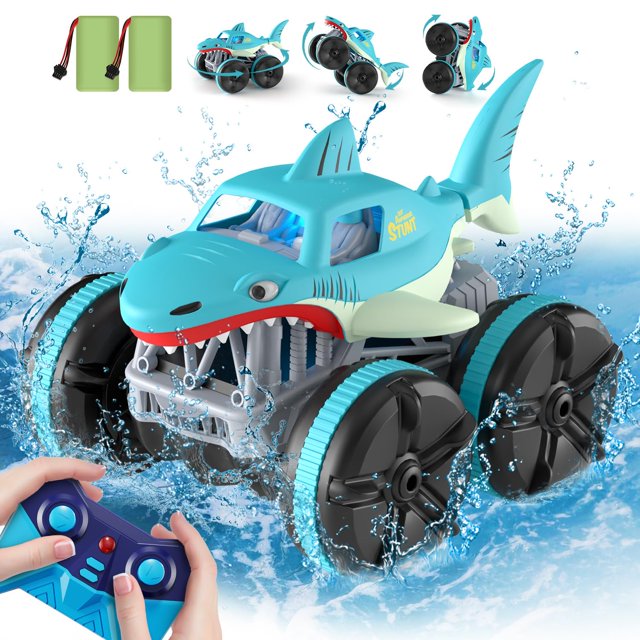 Amphibious Remote Control Monster Truck for Kids, 1:14 Scale RC Truck Rechargeable 360° Rotation 2.4Ghz 4WD Offroad All Terrain RC Shark Car for Kids Aged 3-12