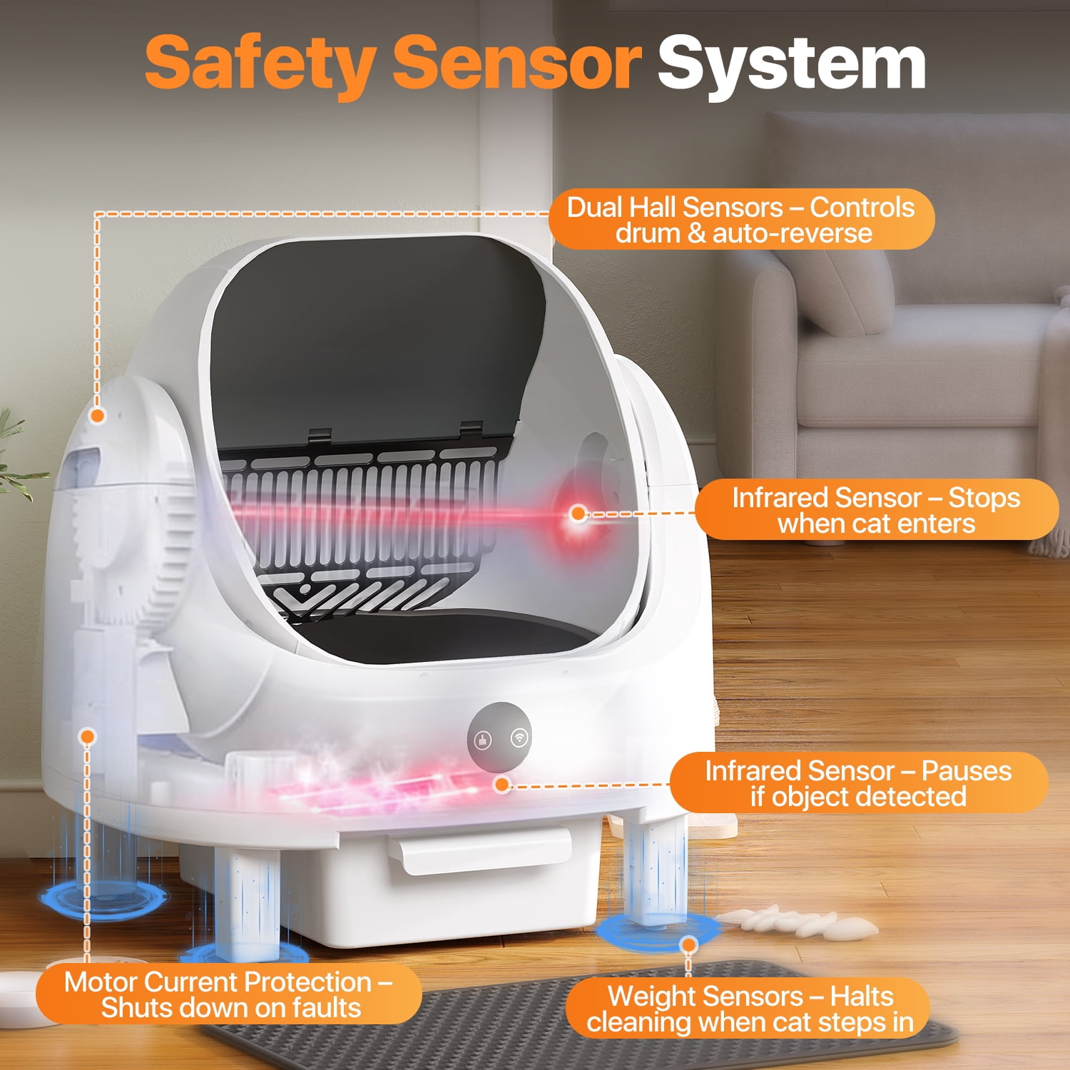 Self Cleaning Cat Litter Box, Open Top Automatic Litter Box with App Control, Safety Sensors Protection, Cat Litter Mat and Fragrance Box, White