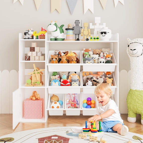 Kids Toy Storage Organize 8 Removable Bins Kid Bookshelf and Toy Storage Large Toy Box with Bookshelf for Bedroom, Kids Room, Classroom, Nursery