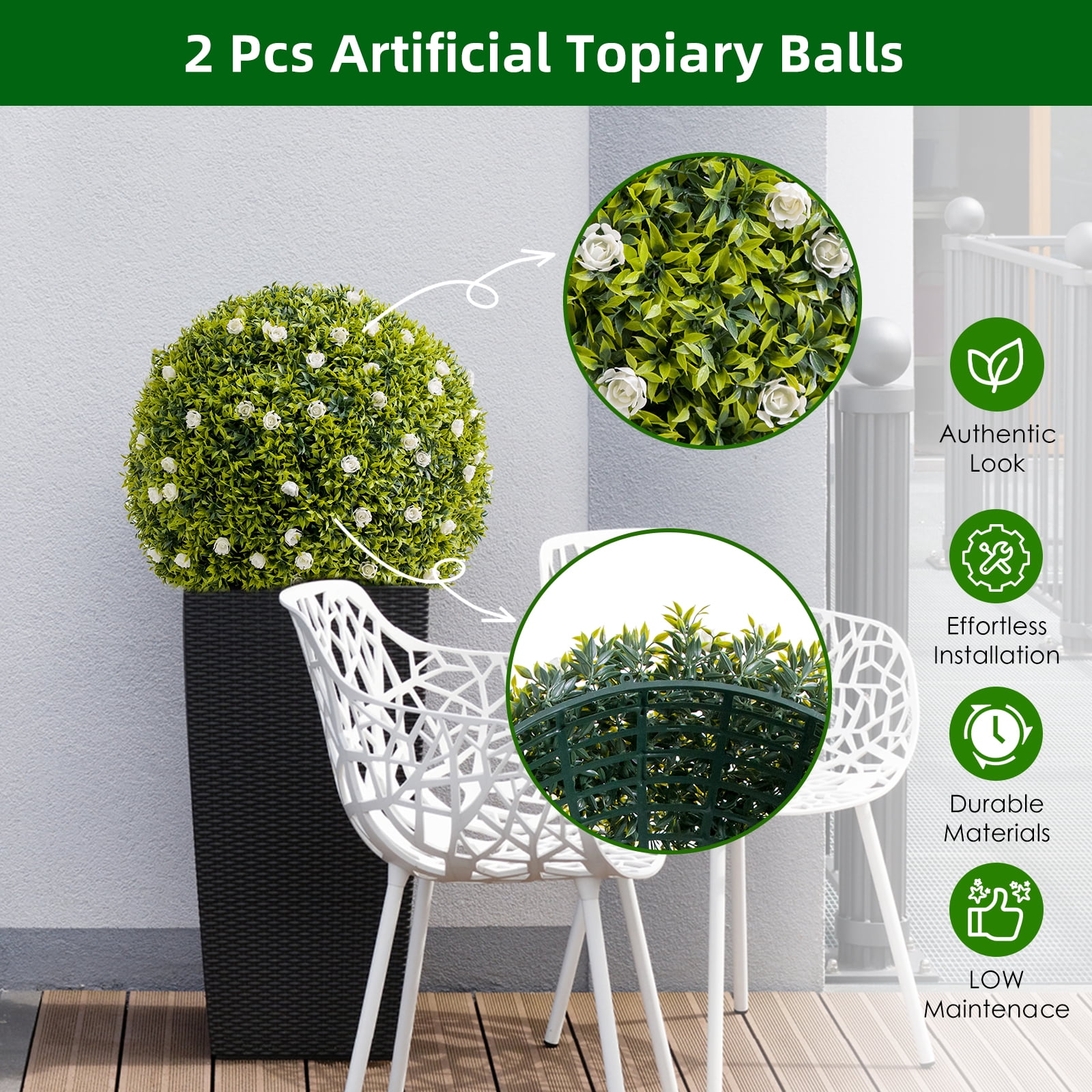Tzou 2Pcs Artificial Boxwood Topiary Ball with Flowers, 16.5" Faux Hanging Greenery Ball for Outdoor Planters, Porch, Balcony, Home Decor