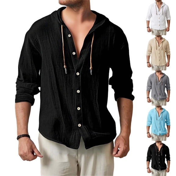 Horkkom Linen Shirts for Men Long Sleeve Solid Color Button Down Shirt Summer Breathable Casual Shirts with Pocket Hood XXXXXL