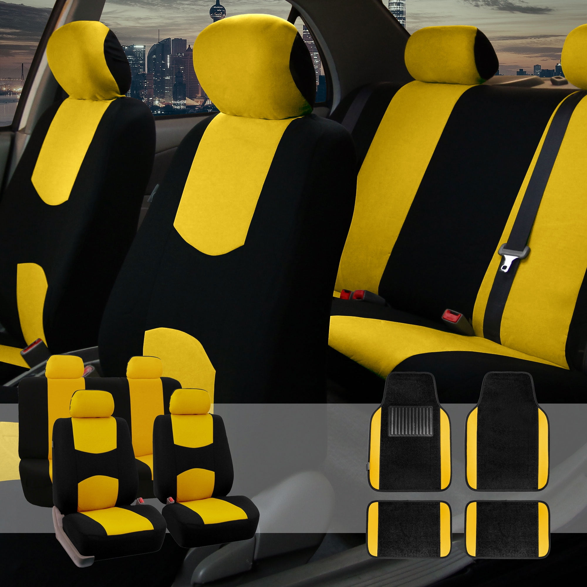 Car Seat Covers Set for Auto 4 Headrests Black Yellow with Carpet Floor