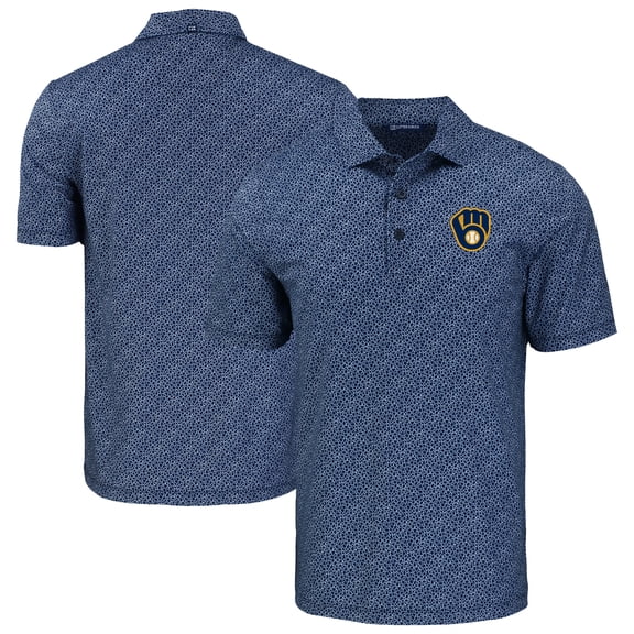 Men's Cutter & Buck Navy Milwaukee Brewers Pike Eco Pebble Print Stretch Recycled Polo