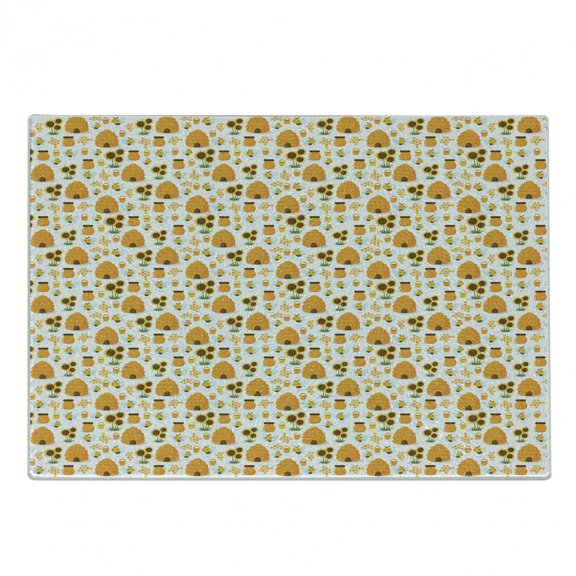 Bee Cutting Board, Happy Smiling Bumble Bees Theme with Honey Jars Beehives and Bouquet of Sunflowers, Decorative Tempered Glass Cutting and Serving Board, Small Size, Multicolor, by Ambesonne