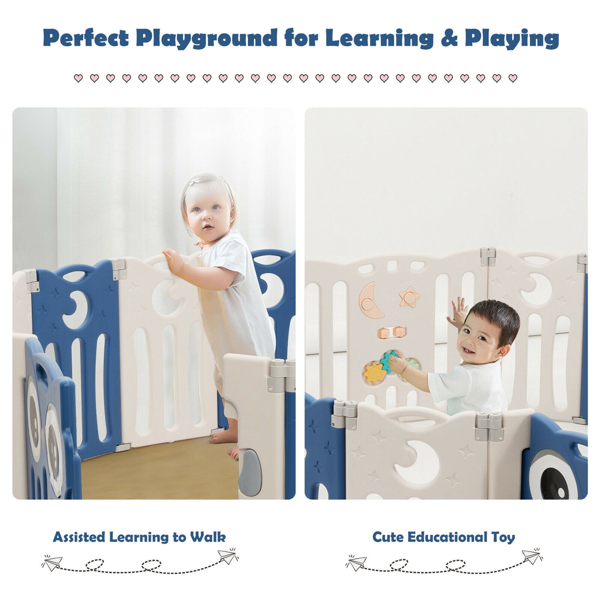 Gymax 14-Panel Baby Playpen Foldable Play Yard Kids Activity Center with Lock Door, Blue