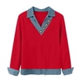 thumbnail image 5 of Women's Long Sleeve Shirts With Denim Collar Cuffs Buttons Decor V-Neck Tops Red XL, 5 of 6