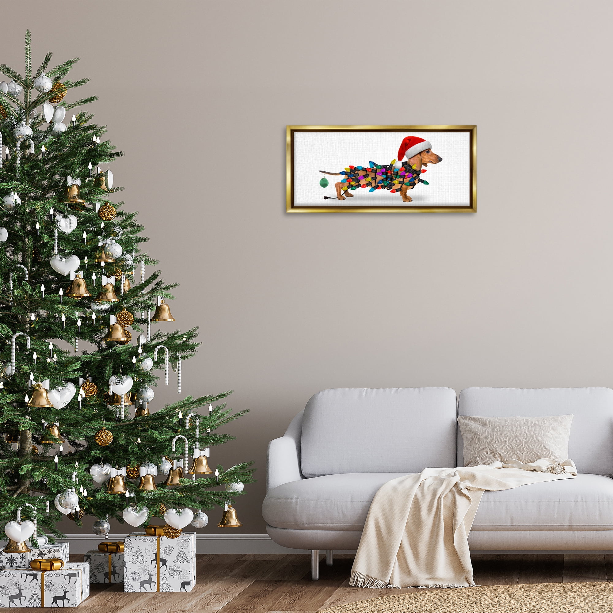 Stupell Industries Holiday Lights Dachshund Holiday Painting Gold Floater Framed Canvas Art Prints Wall Art, 31 x 14