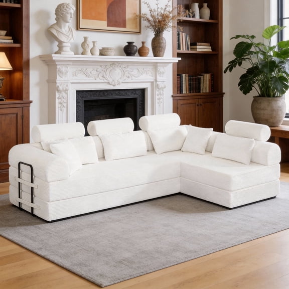 L shape Modular Sectional Sofa Couch , 4 Seat Compressed Sectional Sofa Modern Minimalist Style Corduroy Sofa Couch,Unfold into a bed for Living Room, Apartment, No Assembly Required, Beige