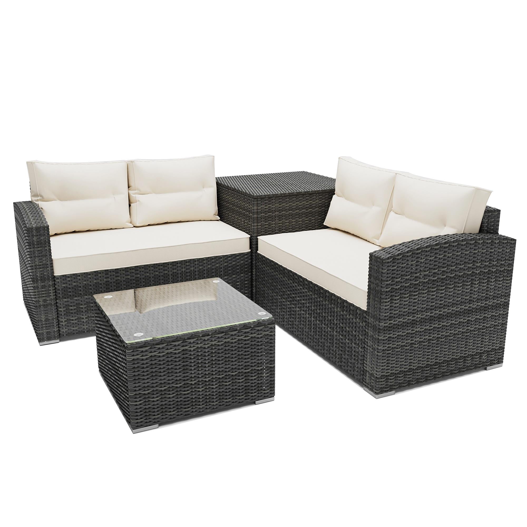 Rattan Patio Sofa Set, 4 Pieces Outdoor Sectional Furniture Set, All-Weather PE Rattan Wicker Patio Conversation Set, Cushioned Sofa Set with Glass Table & Storage Box for Patio Garden Poolside Deck