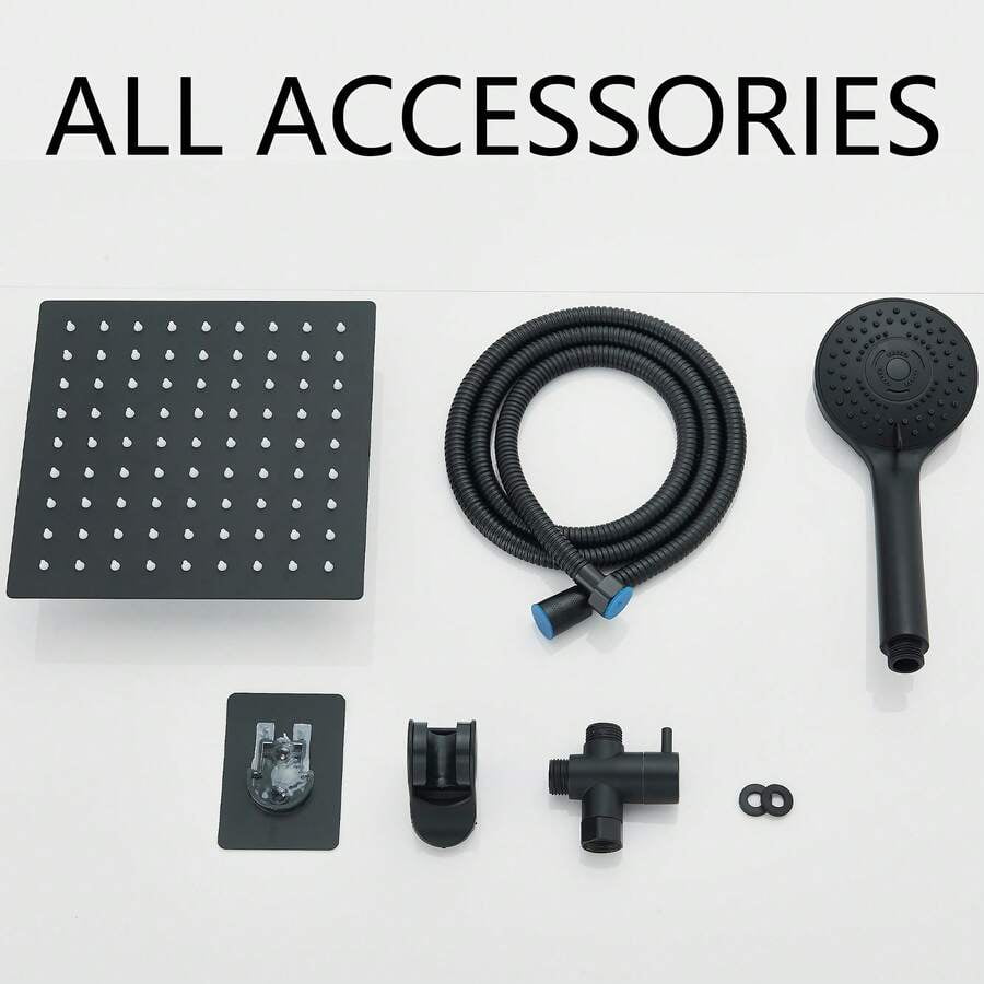 Shower Head Combo,8/10/12" Rain Square Shower Head  With 9 Inch Adjustable Extension Arm And 3 Settings Handheld Spray,150cm Long Hose