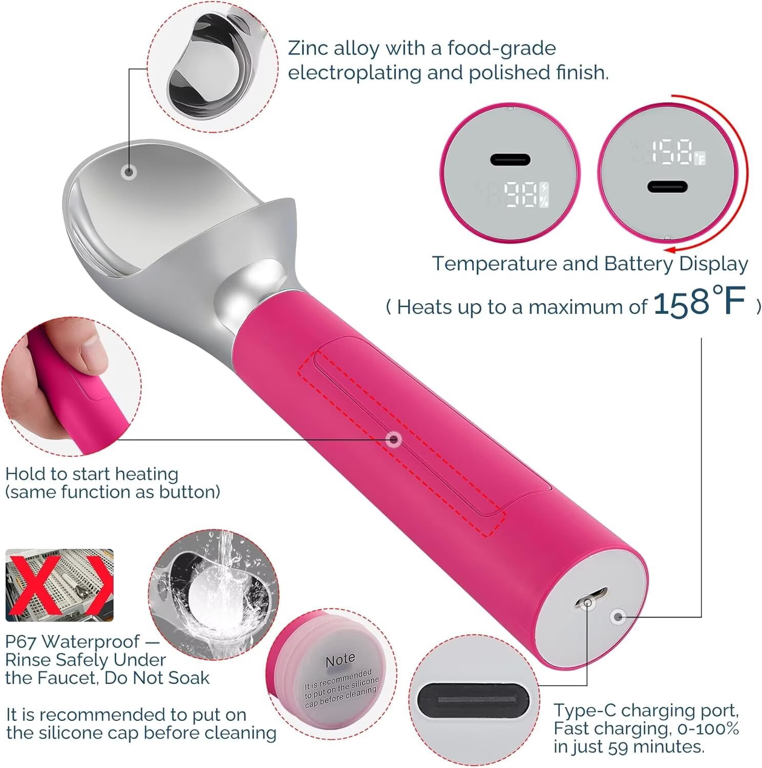 Heated Ice Cream Scoop, USB Rechargeable Electric Scooper with LED Display, Heats to 158°F for Hard Ice Cream, Easy for Seniors & Kids, IP68 Waterproof-Hot Pink