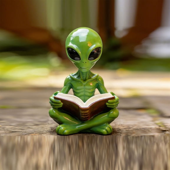 Cute Green Reading Alien Resin Figurine, Whimsical Sci-Fi Space Sculpture, Decorative Ornament for Desk Bookshelf Home Office