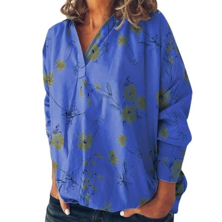 

Women Long Sleeve Lapel Collar Flower Printing Casual Blouse Plus Size Loose Fit Sweatshirt Pullover