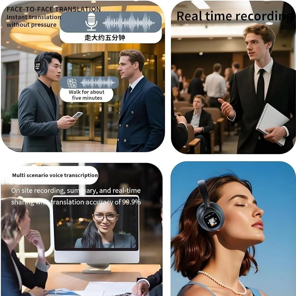 HY-X1 Pro AI Translation Wireless Headphones with Detachable Full Color LCD Touch Screen, Support 169 Languages Bluetooth Translation Function, for Travel Business(1Pc)