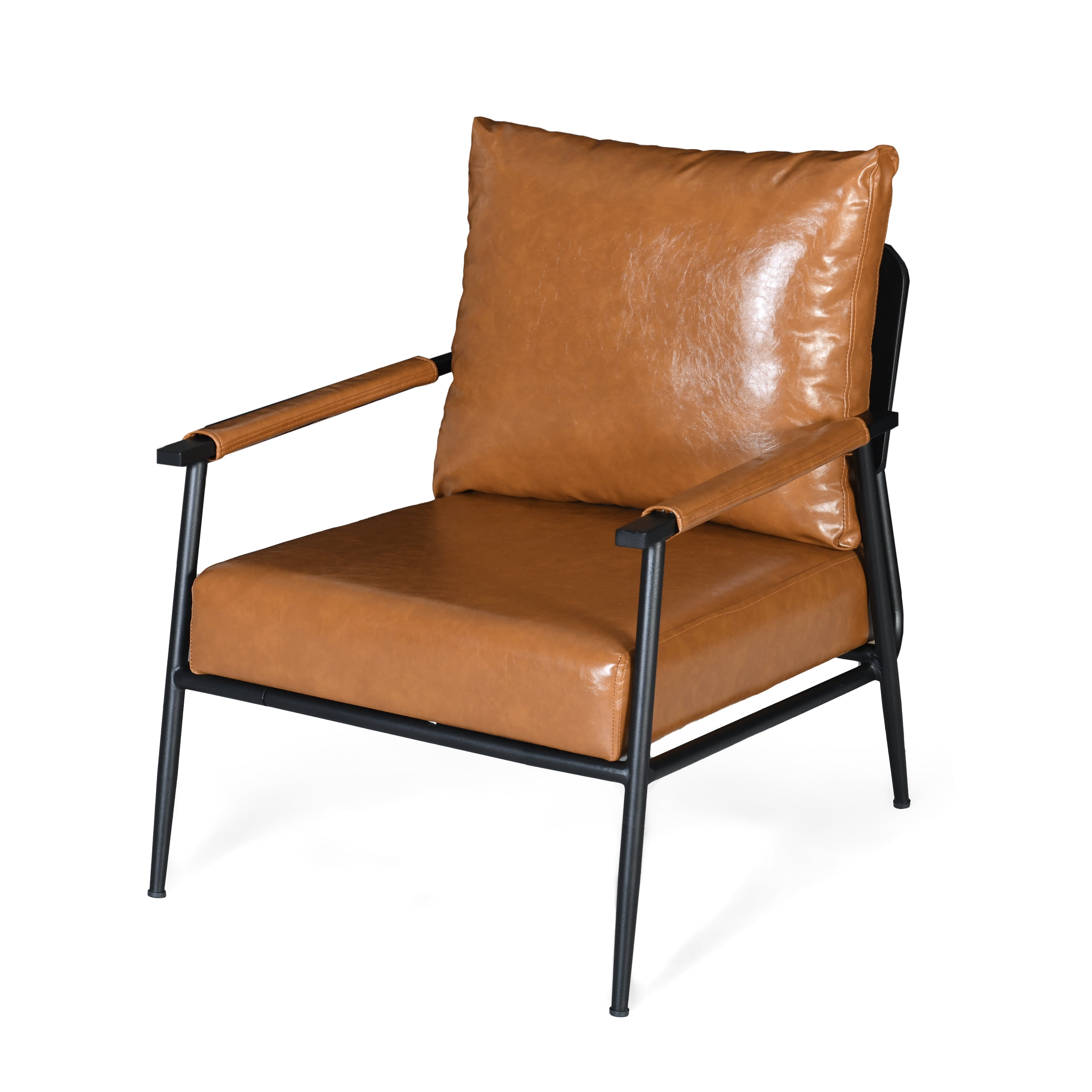 Euroco Industrial Faux Leather Lounge Chair with Iron Frame, High Back Accent Armchair with Padded Seat and Armrests for Living Room or Office
