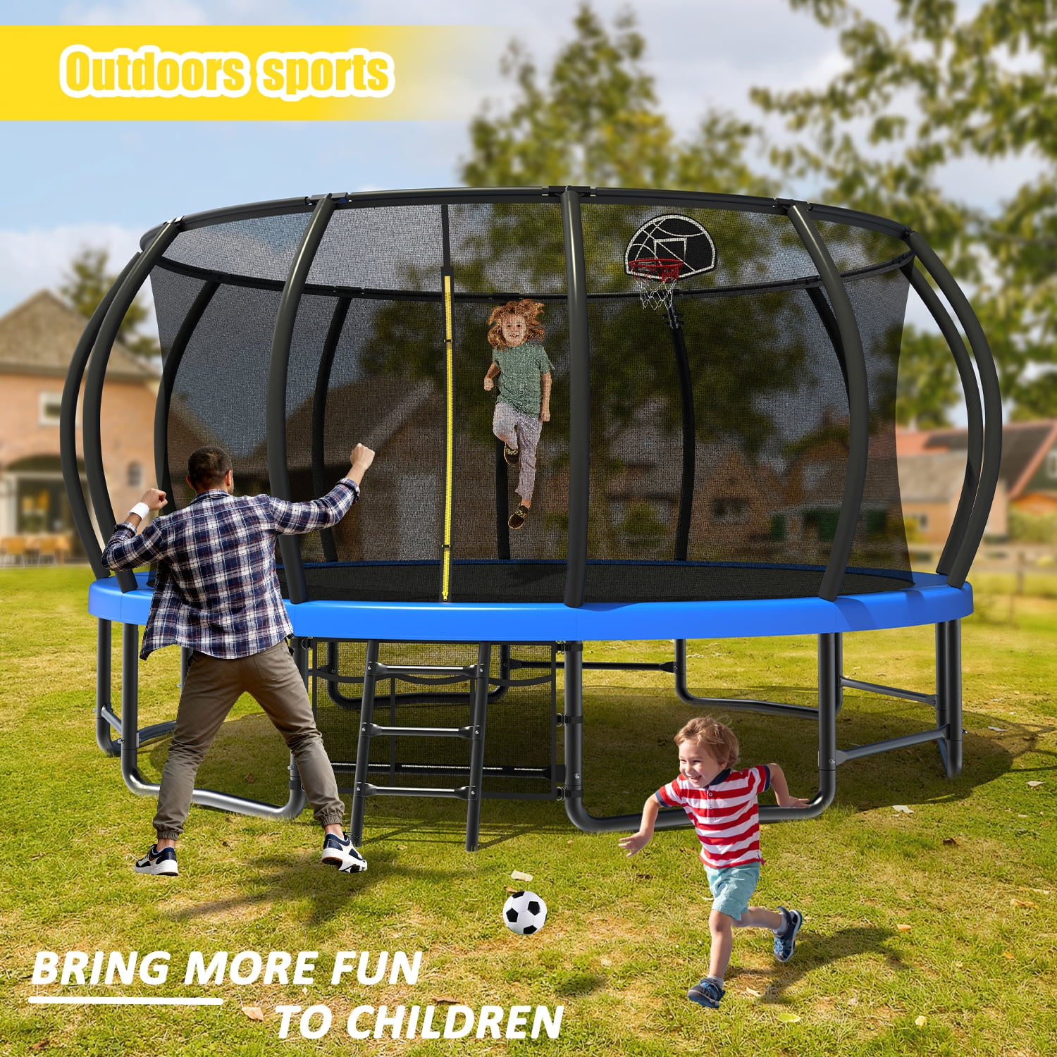 Leumius 16FT Trampoline with Enclosure Net,Outdoor Heavy Duty Pumpkin Trampolines with Curved Poles,Recreational Trampolines with Ladder and Basketball Hoop for Kids and Adults,Blue