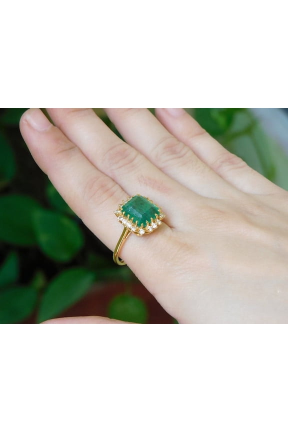 4.80 Carats Octagon Zambian Emerald And Moissanite Diamond Engagement Ring / 10k Solid Gold Women Gift Ring / Christmas Gift Ring