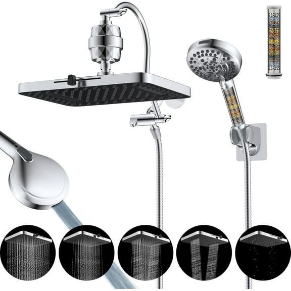 Upgraded 5-spray 13'' Dual Filtered Rainfall Shower Head Combo, High Pressure 10-setting Handheld Shower Head with 12'' Adjustable Extension Arm, 20 Stage Shower Filter, 71'' Hose, Chrome