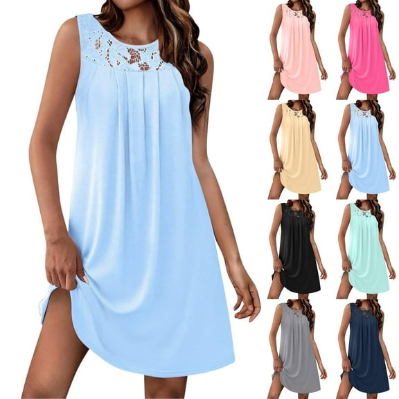 Summer Dresses for Women 2025, Women's Solid Sleeveless Round Neck Sexy Elegant Club Party Tunic Mini Dresses Casual Vacation Dress(Black,S)